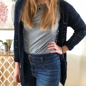 Lucky Brand Blue Hole Knit Button Cardigan